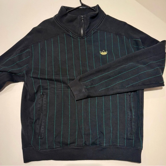adidas Other - Vintage Adidas Men's Black Quarter-Zip Sweater with Green Pinstripes